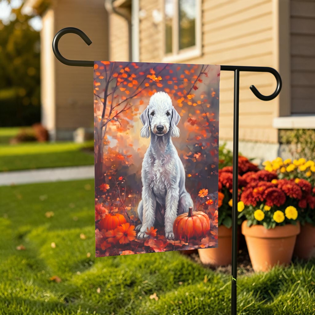 Fall Bedlington Terrier With Pumpkins Autumn Garden Flag