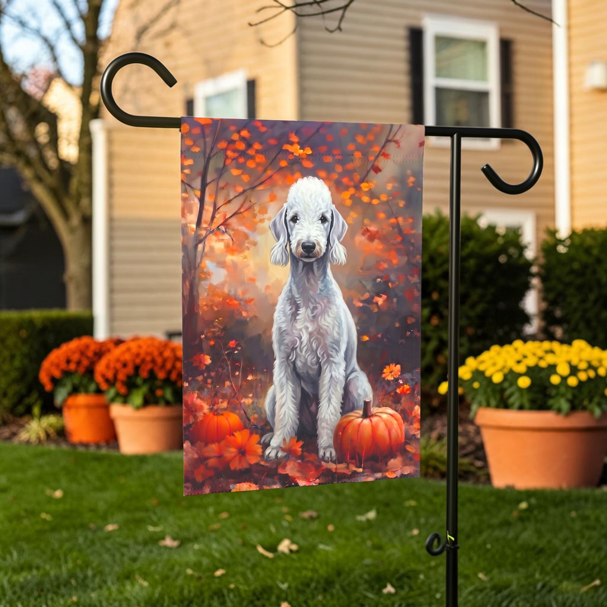 Fall Bedlington Terrier With Pumpkins Autumn Garden Flag