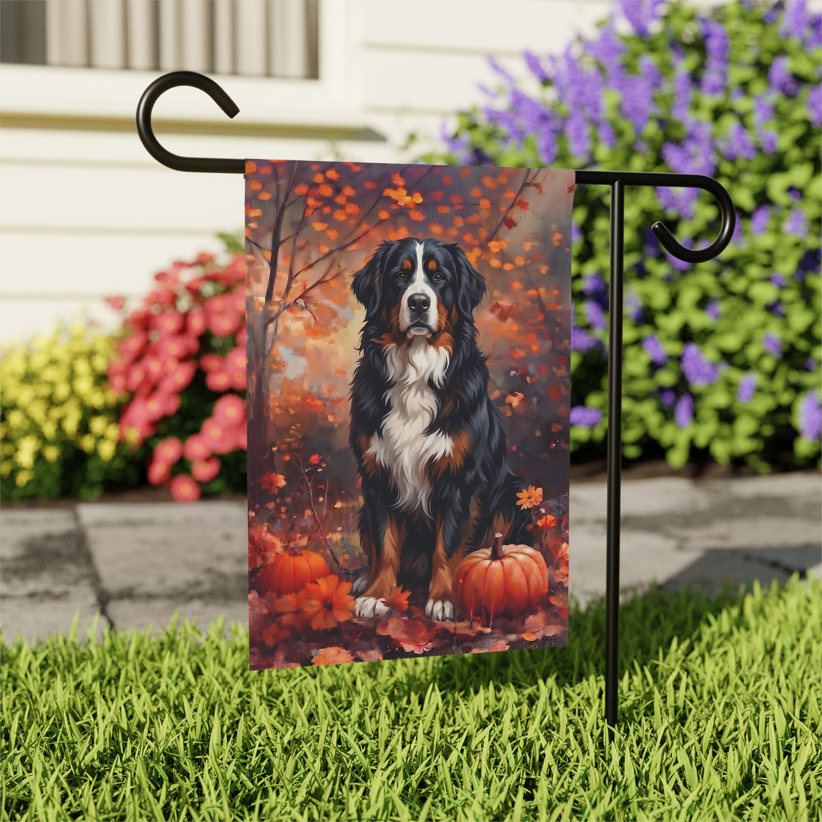 Fall Bernese Mountain Dog With Pumpkins Autumn Garden Flag