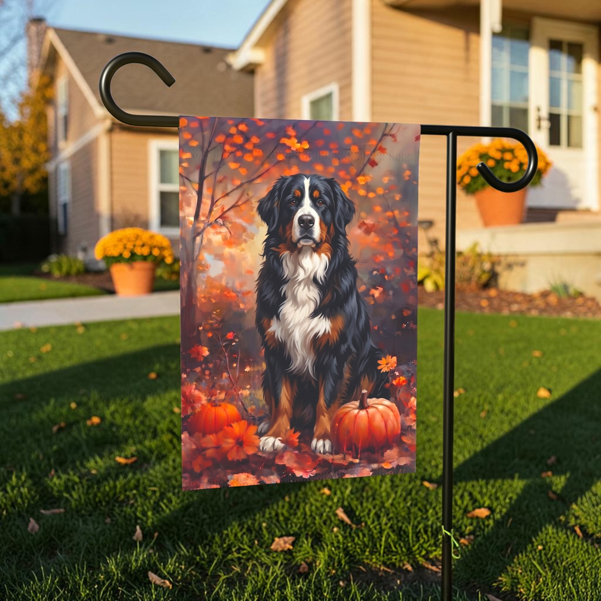 Fall Bernese Mountain Dog With Pumpkins Autumn Garden Flag