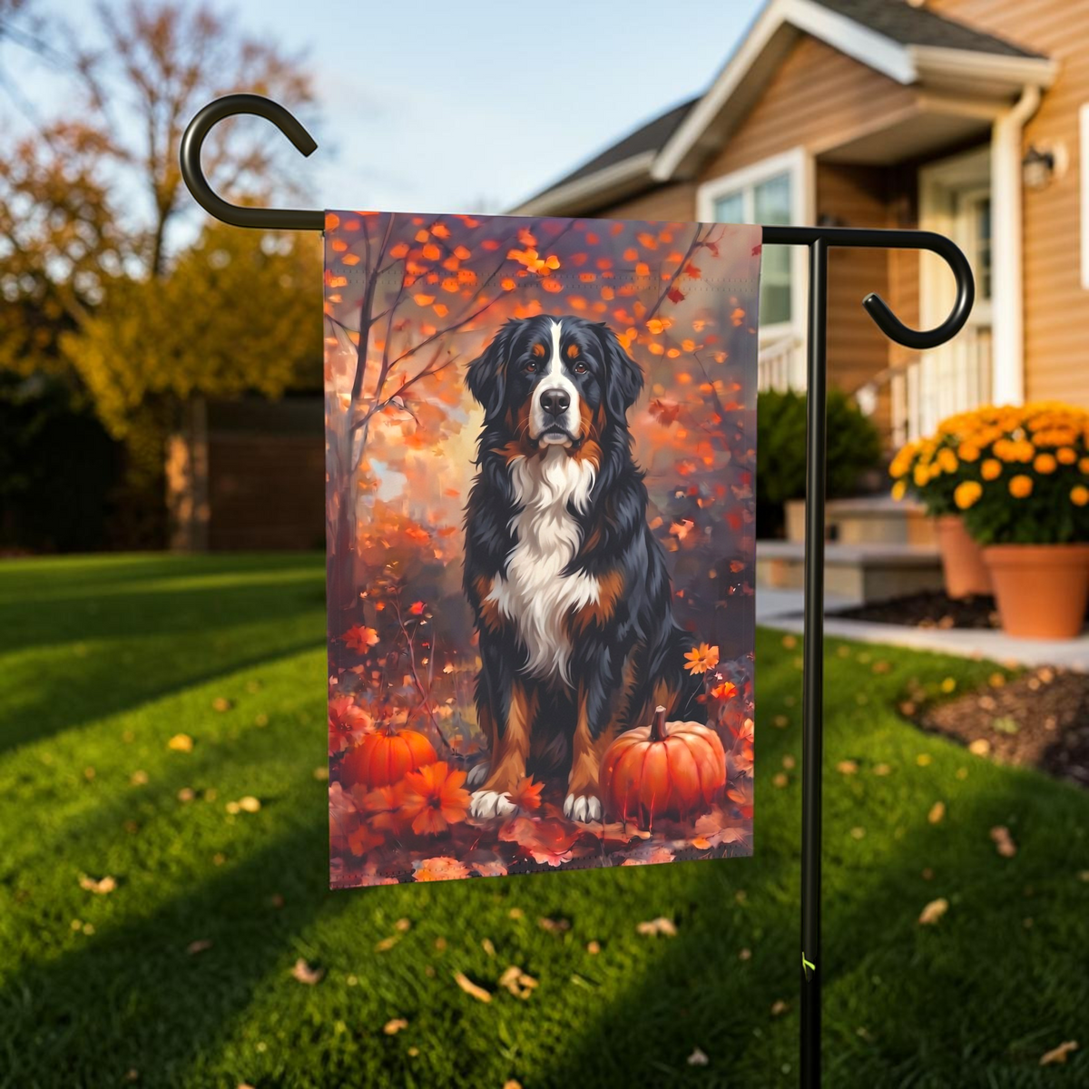 Fall Bernese Mountain Dog With Pumpkins Autumn Garden Flag