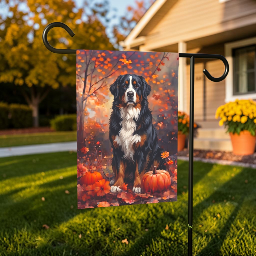 Fall Bernese Mountain Dog With Pumpkins Autumn Garden Flag