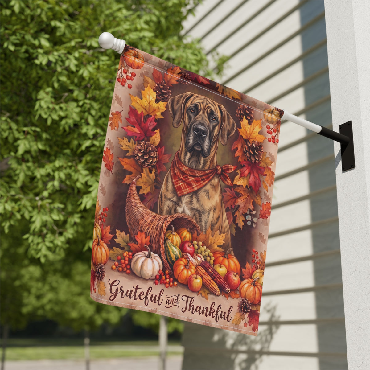 Grateful And Thankful Great Dane Thanksgiving Garden Flag