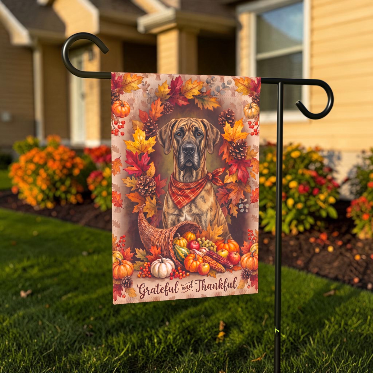 Grateful And Thankful Great Dane Thanksgiving Garden Flag
