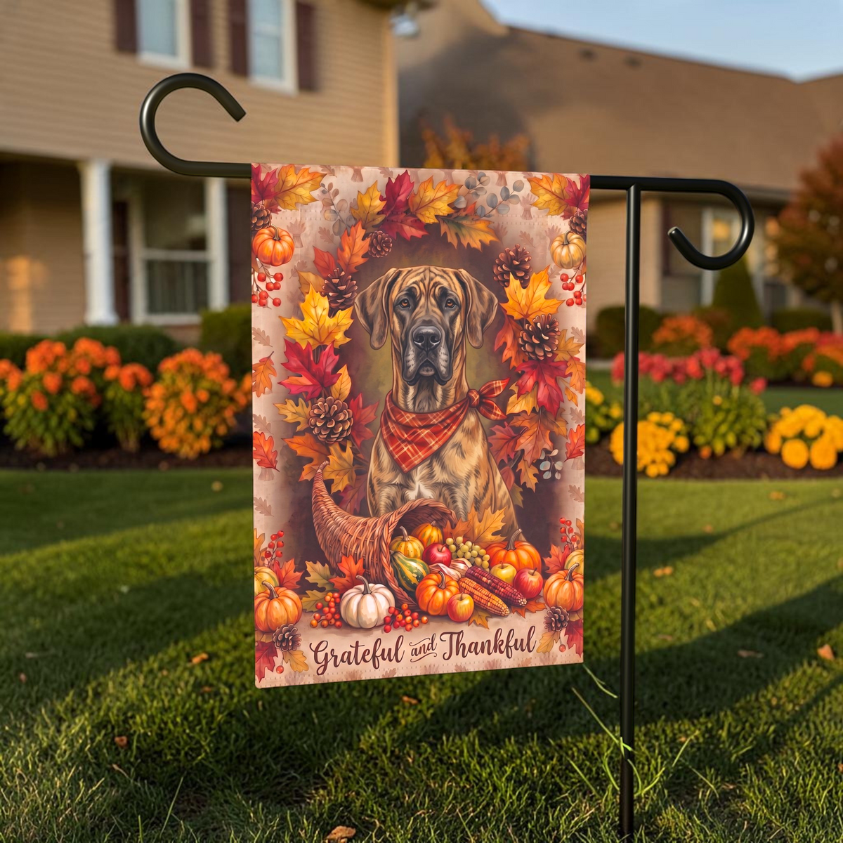 Grateful And Thankful Great Dane Thanksgiving Garden Flag