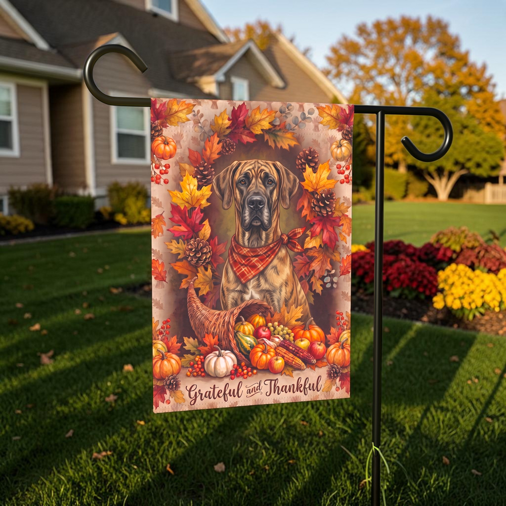 Grateful And Thankful Great Dane Thanksgiving Garden Flag
