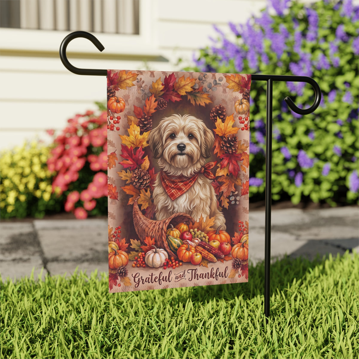 Grateful And Thankful Havanese Thanksgiving Garden Flag