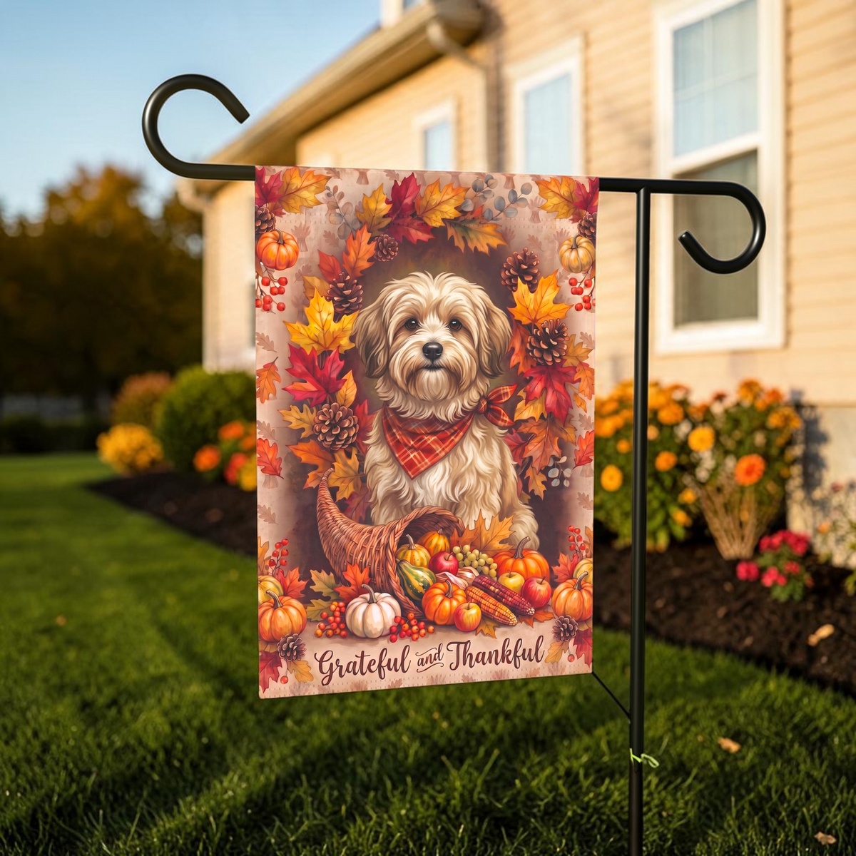 Grateful And Thankful Havanese Thanksgiving Garden Flag