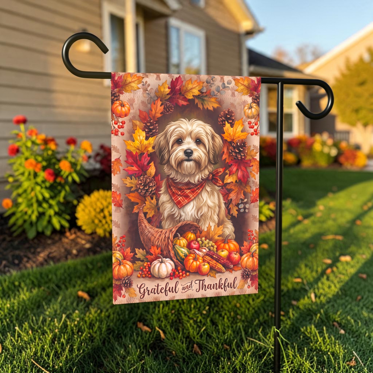 Grateful And Thankful Havanese Thanksgiving Garden Flag