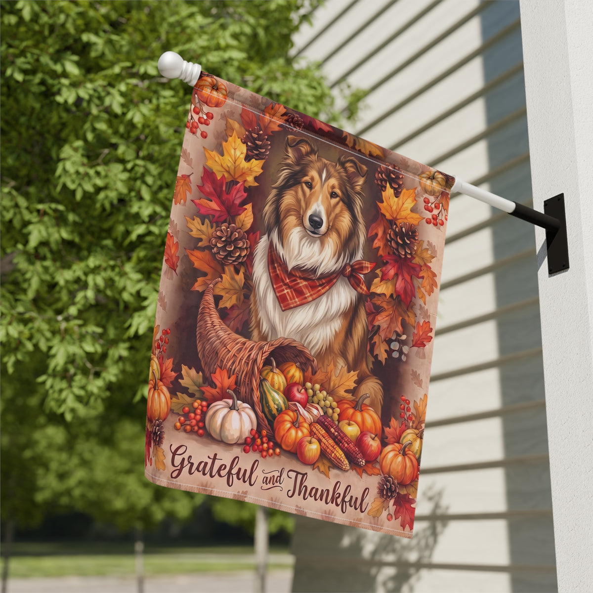 Grateful and Thankful Collie Thanksgiving Garden Flag