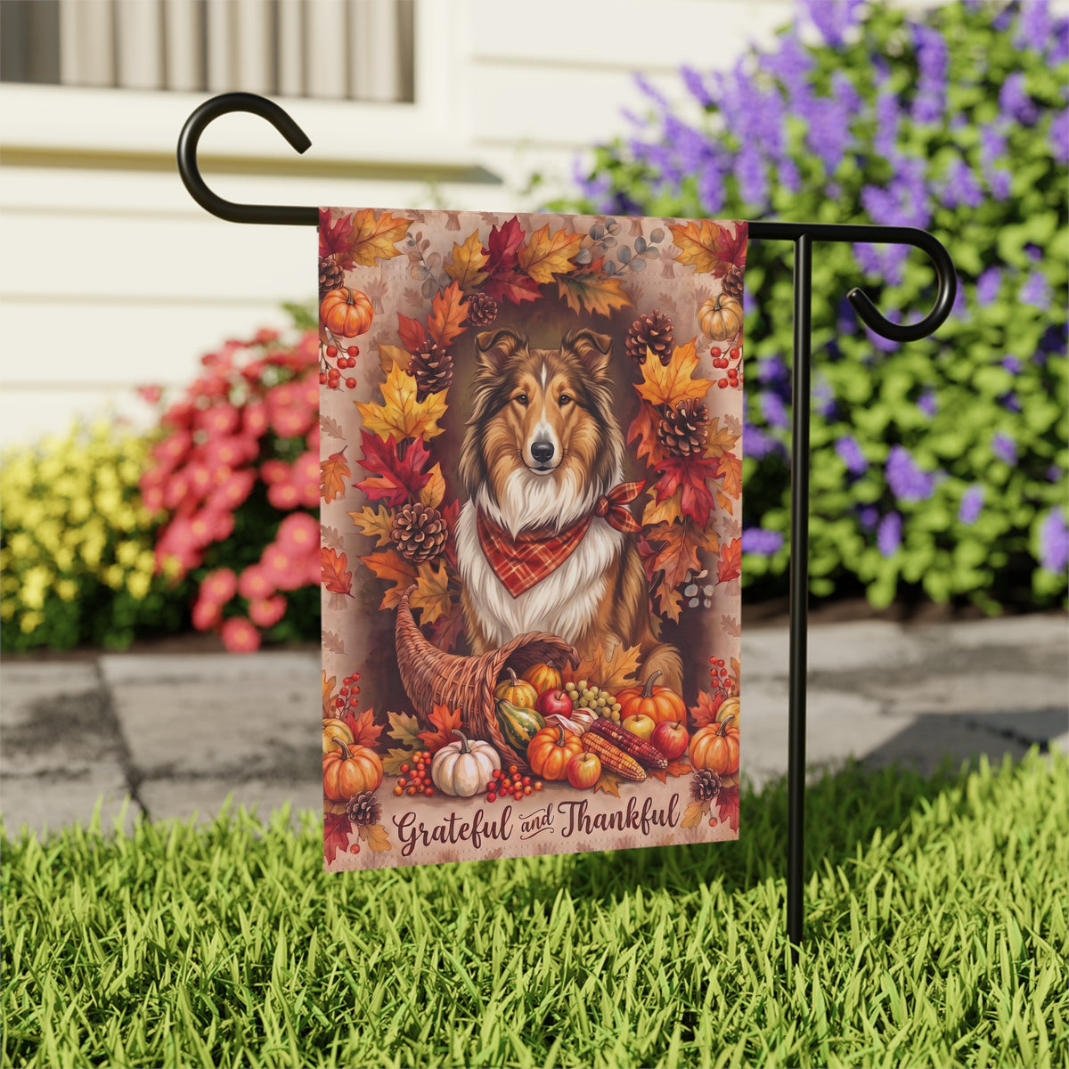 Grateful and Thankful Collie Thanksgiving Garden Flag