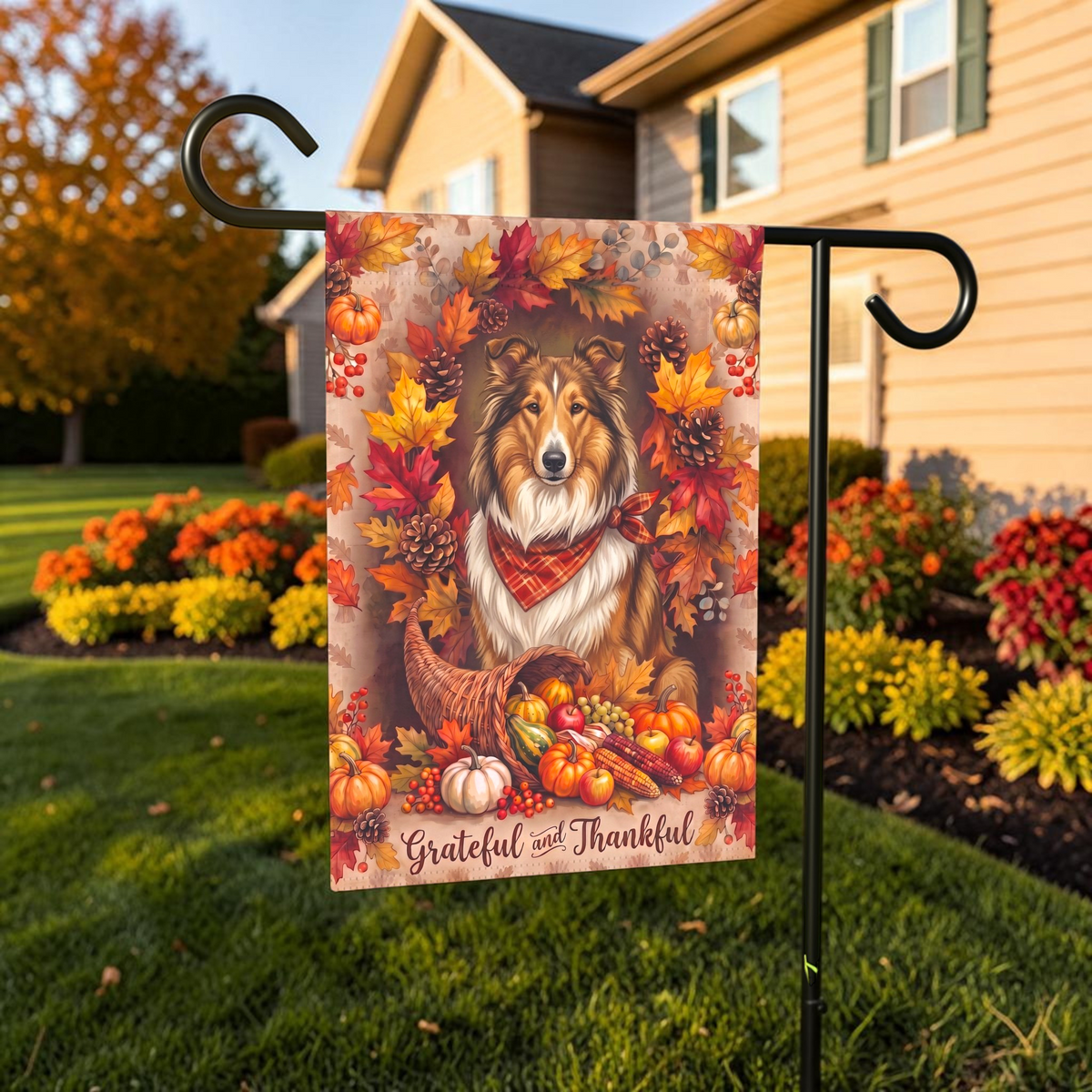 Grateful and Thankful Collie Thanksgiving Garden Flag