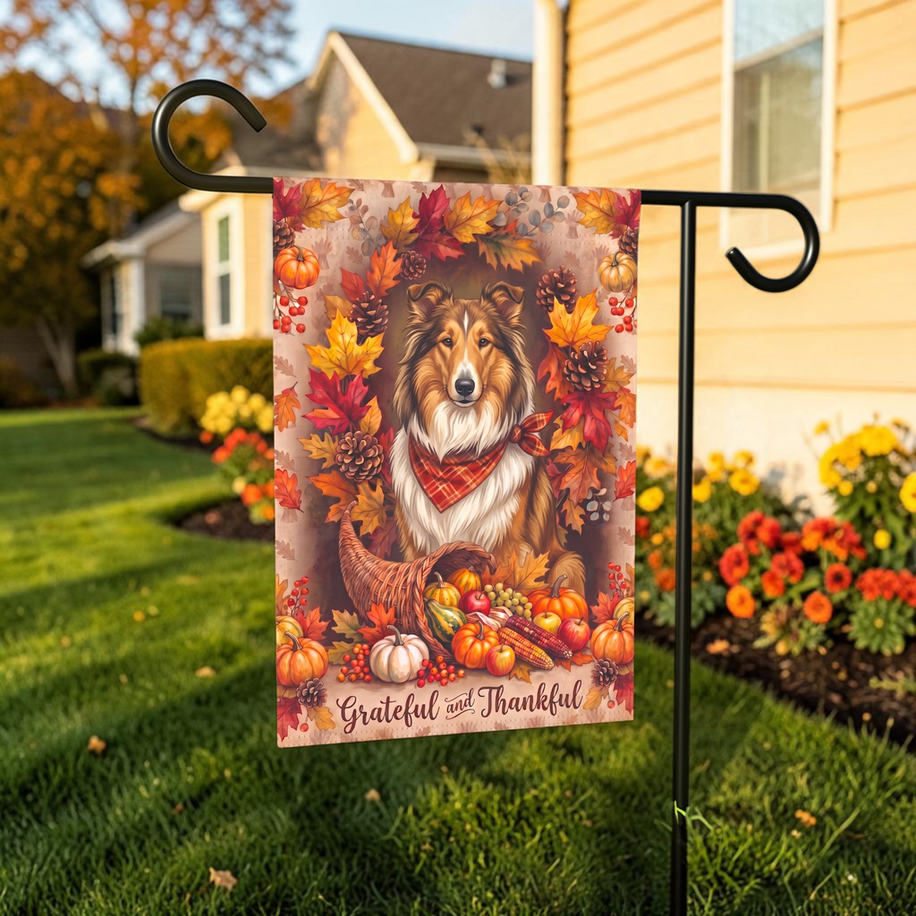 Grateful and Thankful Collie Thanksgiving Garden Flag