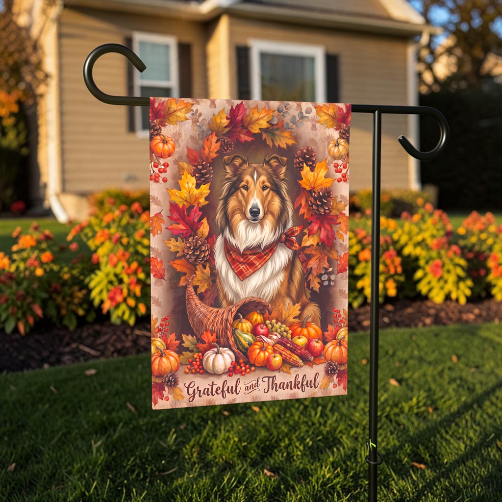Grateful and Thankful Collie Thanksgiving Garden Flag