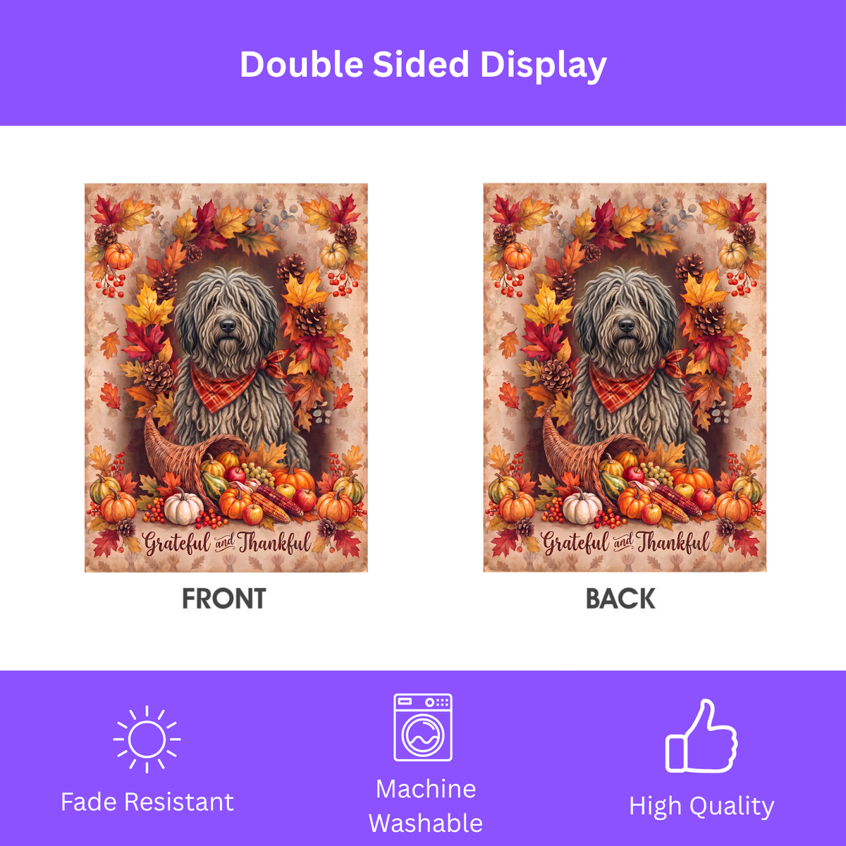 Grateful and Thankful Bergamasco Sheepdog Thanksgiving Garden Flag