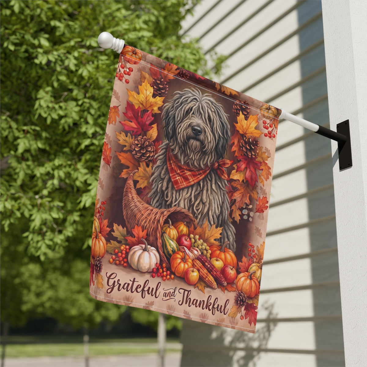 Grateful and Thankful Bergamasco Sheepdog Thanksgiving Garden Flag