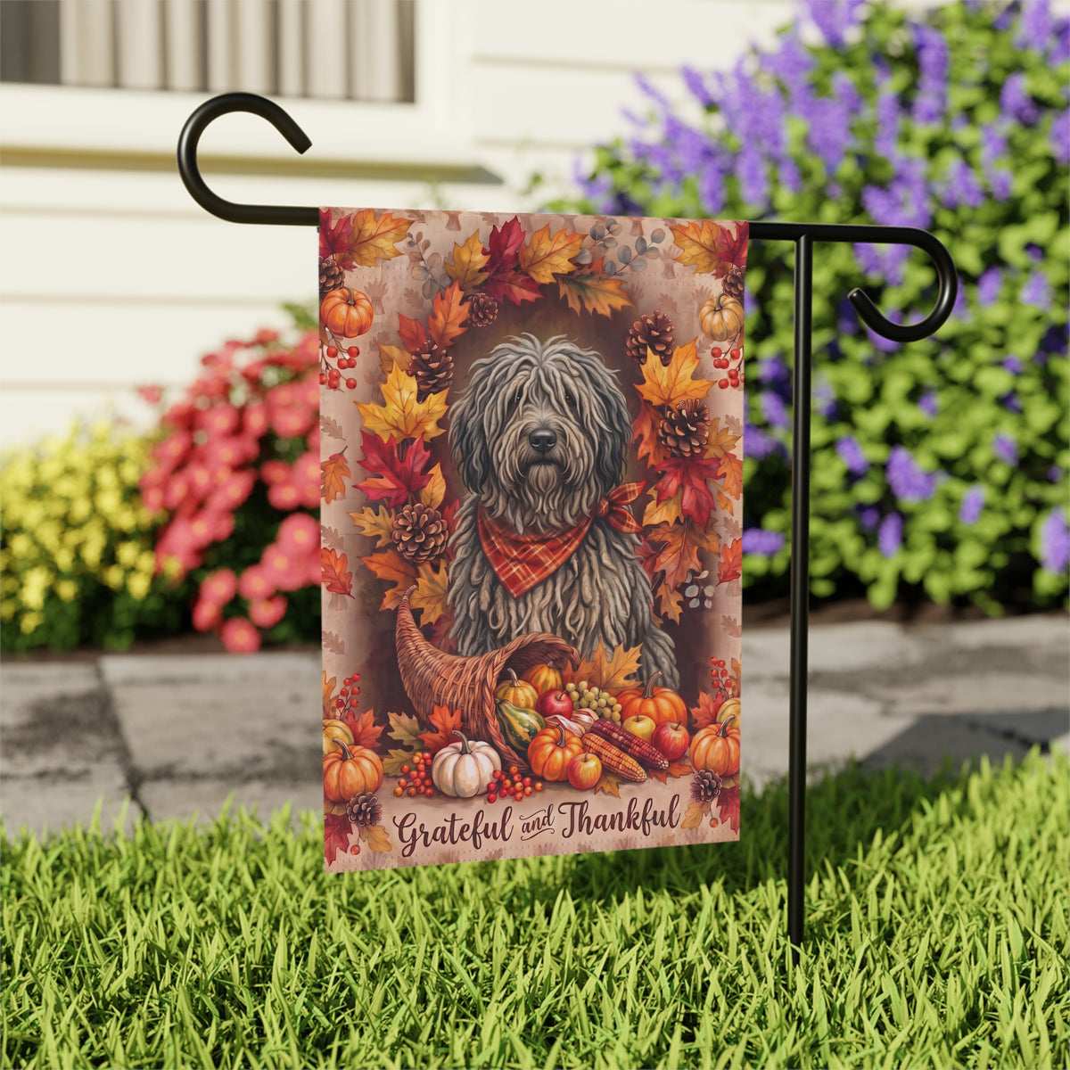 Grateful and Thankful Bergamasco Sheepdog Thanksgiving Garden Flag
