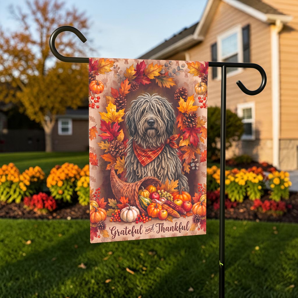 Grateful and Thankful Bergamasco Sheepdog Thanksgiving Garden Flag