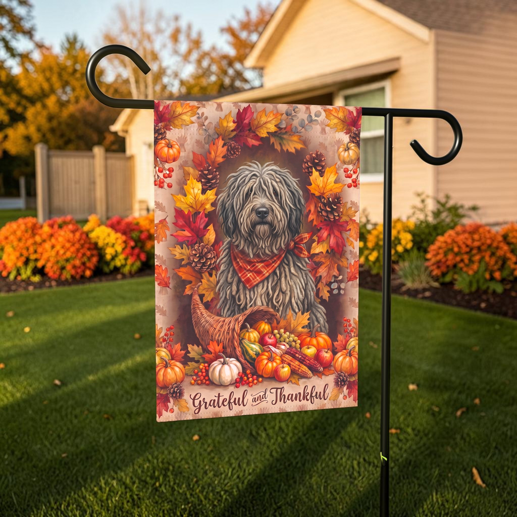 Grateful and Thankful Bergamasco Sheepdog Thanksgiving Garden Flag
