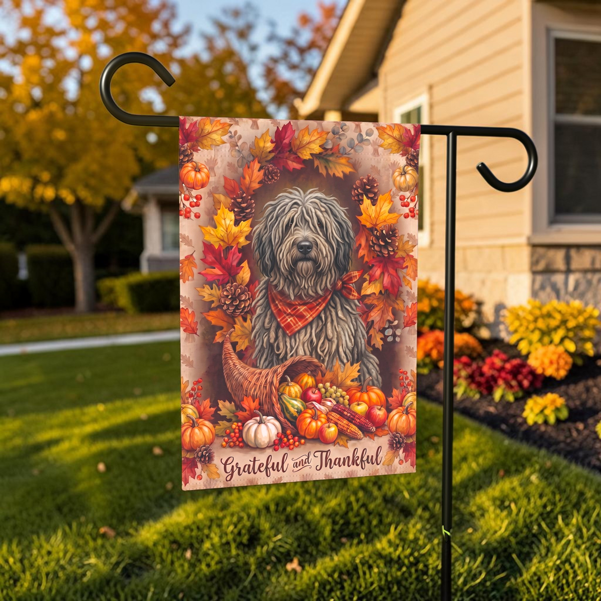Grateful and Thankful Bergamasco Sheepdog Thanksgiving Garden Flag