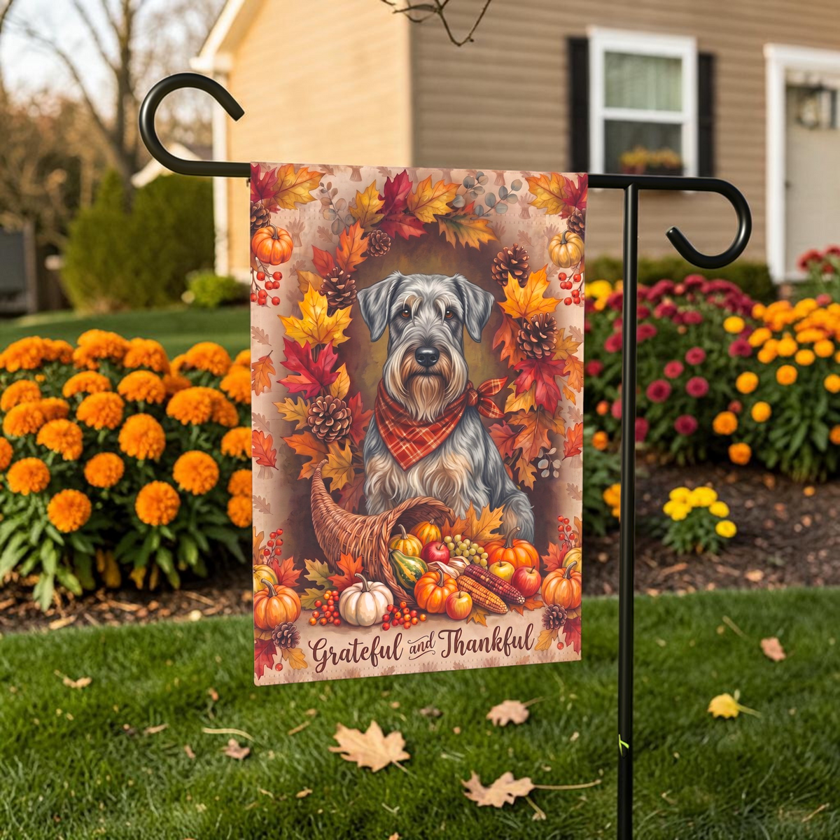 Grateful And Thankful Cesky Terrier Thanksgiving Garden Flag