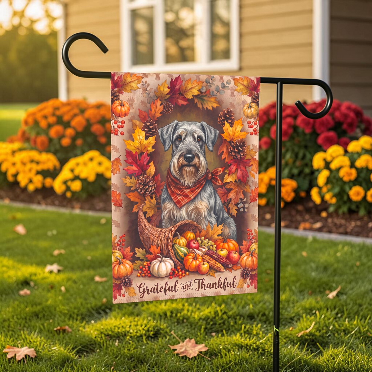 Grateful And Thankful Cesky Terrier Thanksgiving Garden Flag