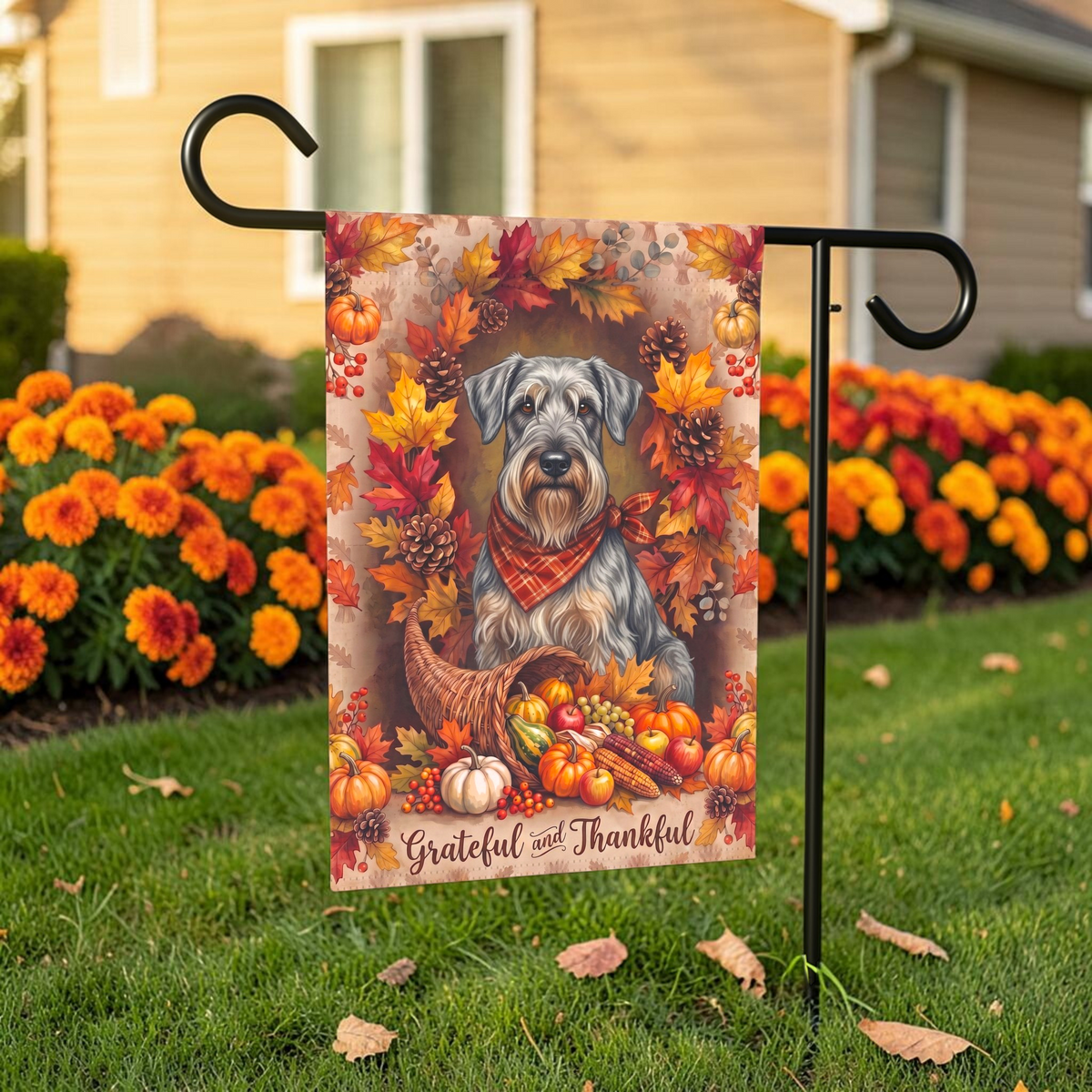 Grateful And Thankful Cesky Terrier Thanksgiving Garden Flag