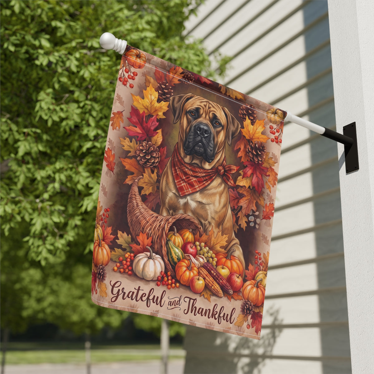 Grateful And Thankful Boerboel Thanksgiving Garden Flag