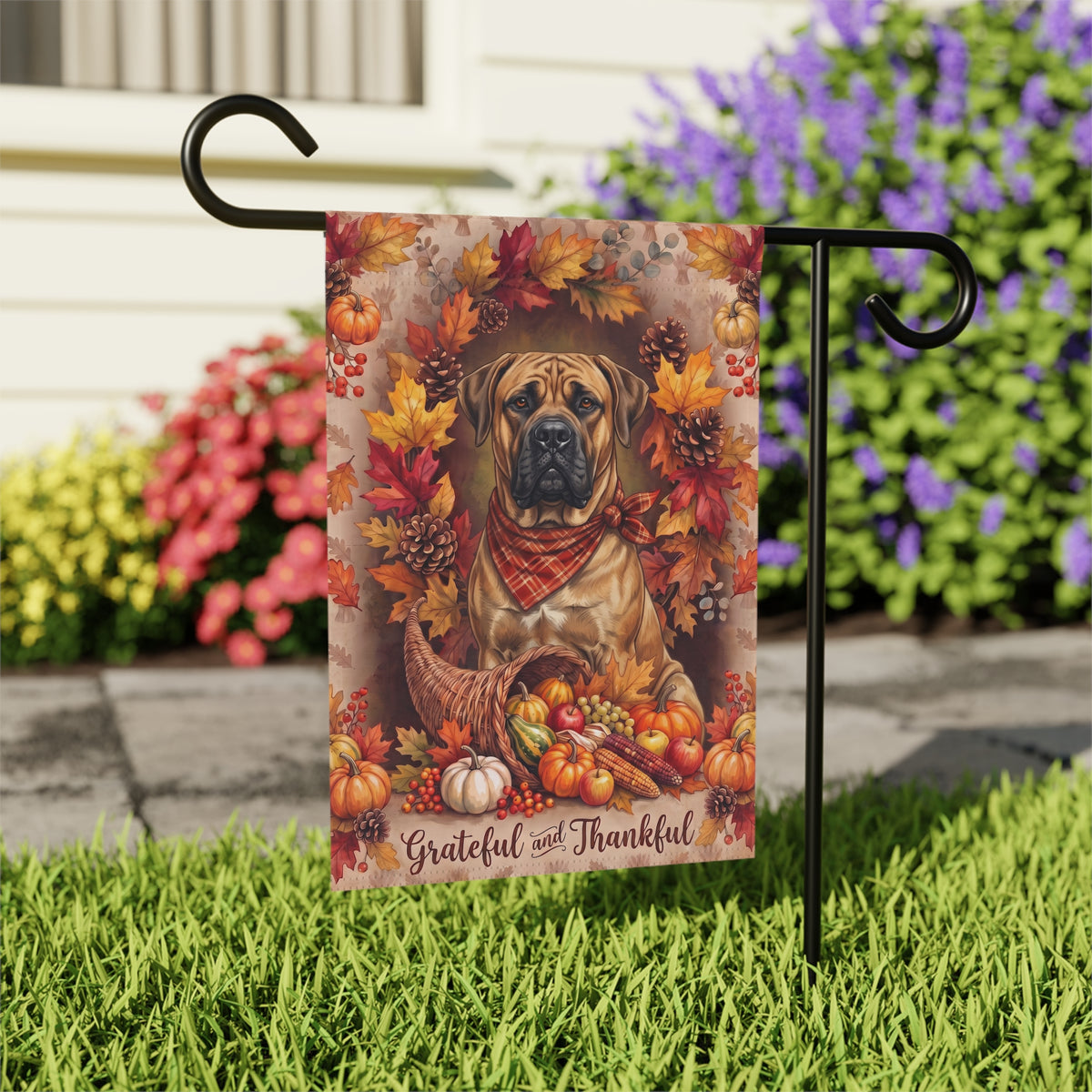 Grateful And Thankful Boerboel Thanksgiving Garden Flag