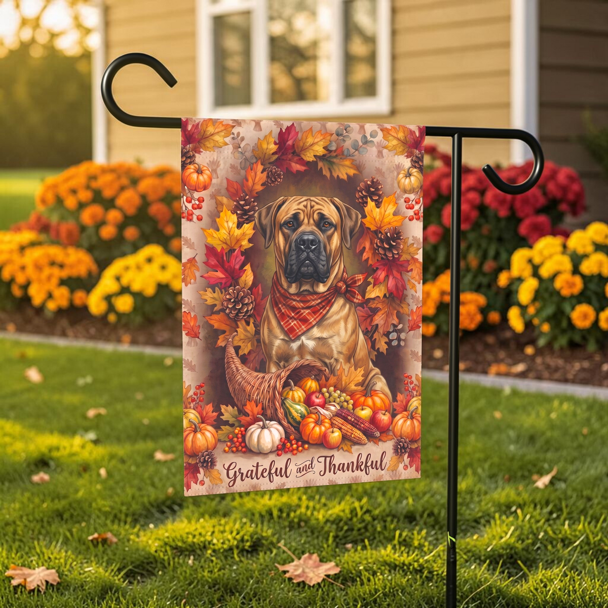 Grateful And Thankful Boerboel Thanksgiving Garden Flag