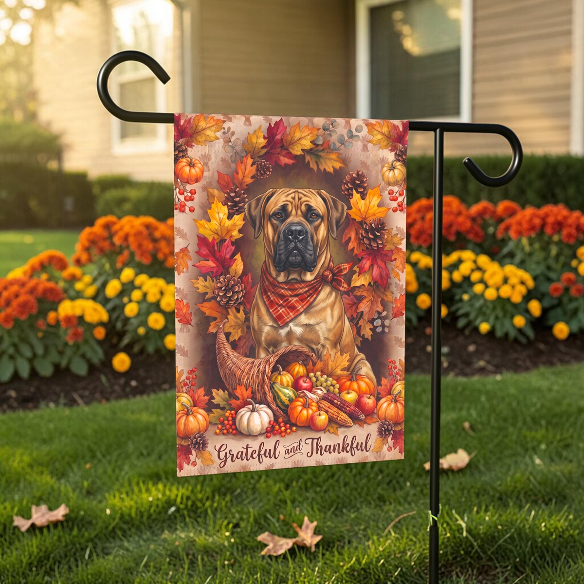 Grateful And Thankful Boerboel Thanksgiving Garden Flag