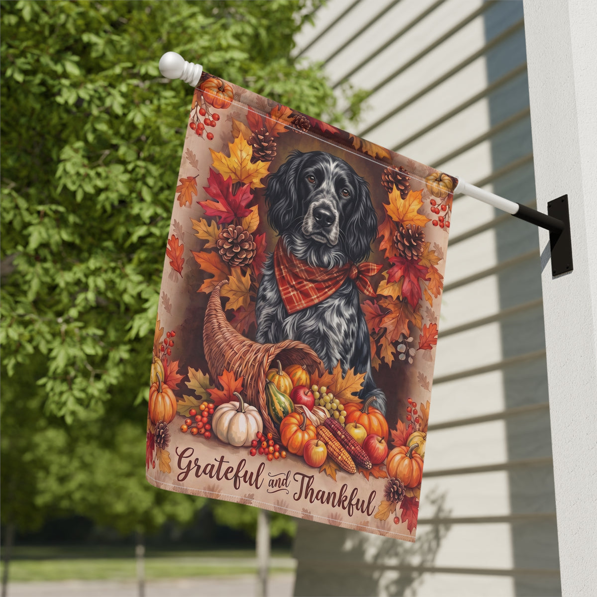 Grateful And Thankful Blue Picardy Spaniel Thanksgiving Garden Flag