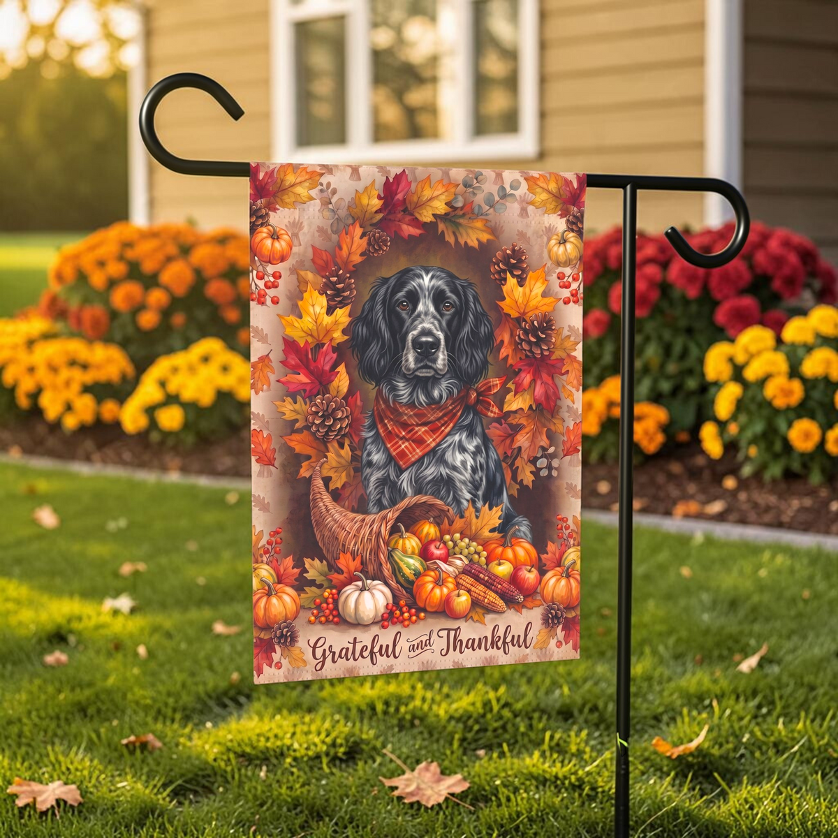 Grateful And Thankful Blue Picardy Spaniel Thanksgiving Garden Flag