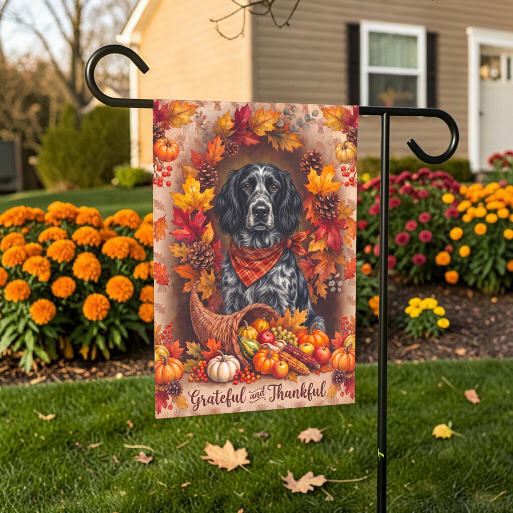 Grateful And Thankful Blue Picardy Spaniel Thanksgiving Garden Flag