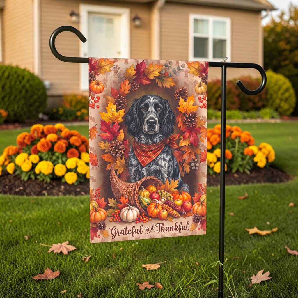 Grateful And Thankful Blue Picardy Spaniel Thanksgiving Garden Flag