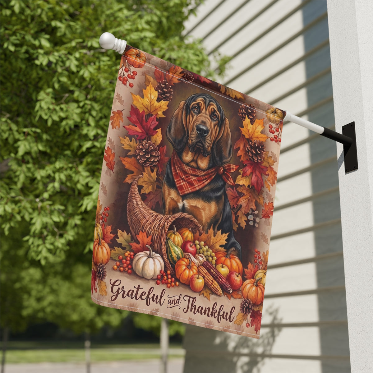 Grateful And Thankful Bloodhound Thanksgiving Garden Flag