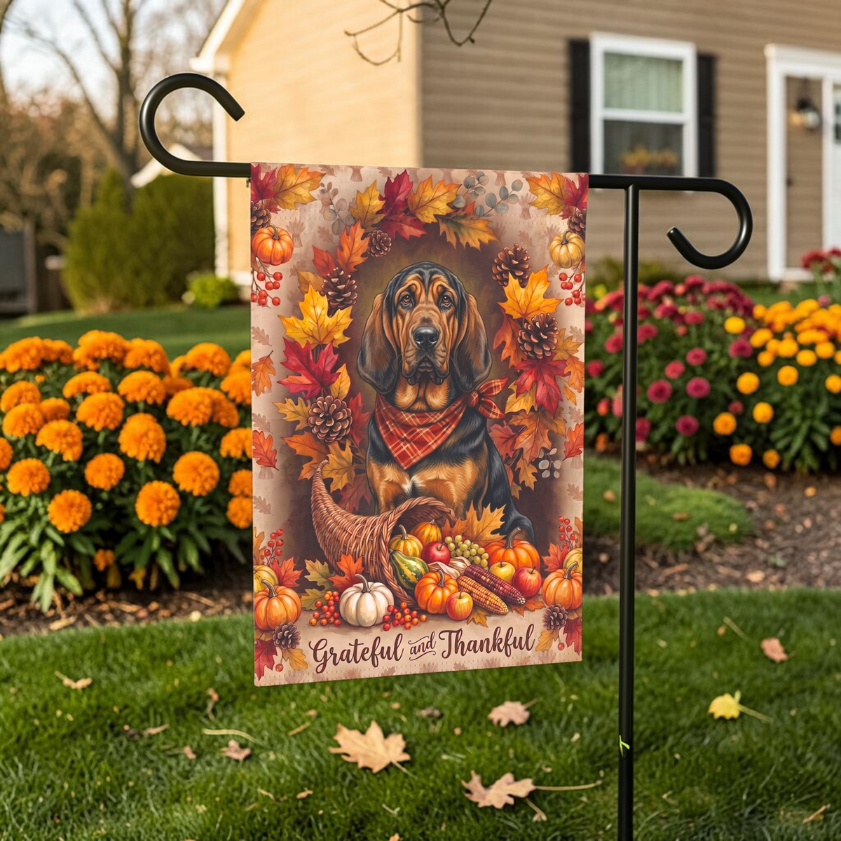 Grateful And Thankful Bloodhound Thanksgiving Garden Flag