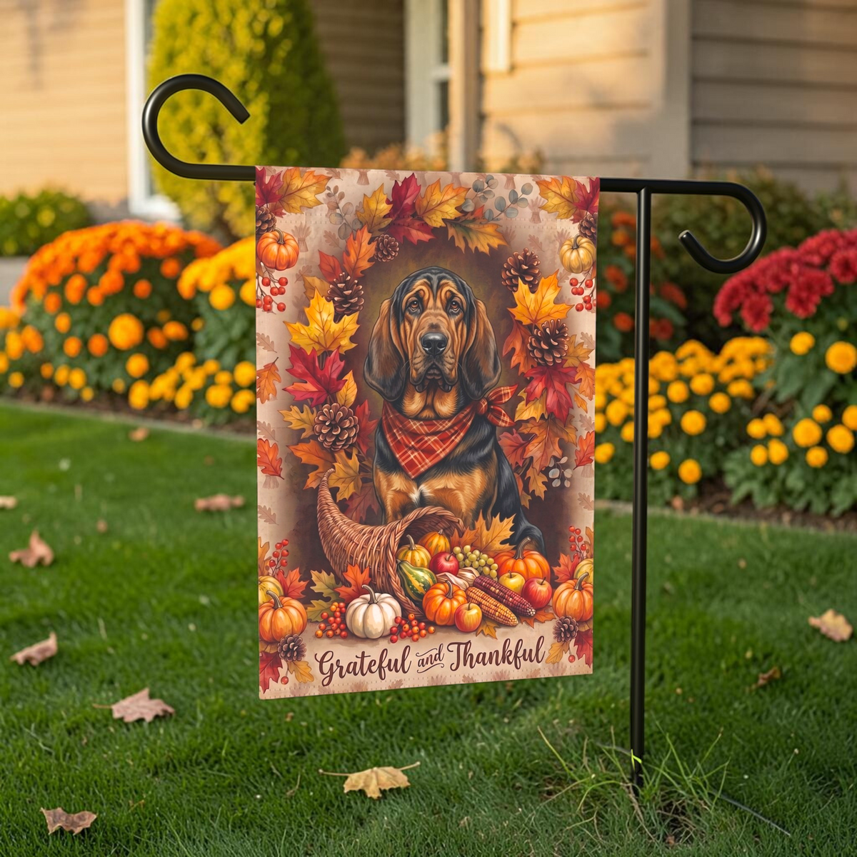 Grateful And Thankful Bloodhound Thanksgiving Garden Flag