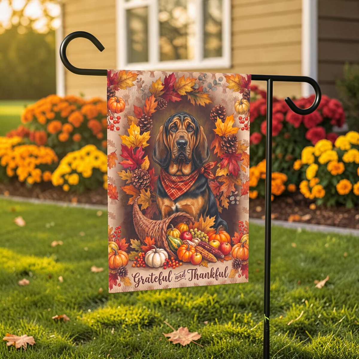 Grateful And Thankful Bloodhound Thanksgiving Garden Flag