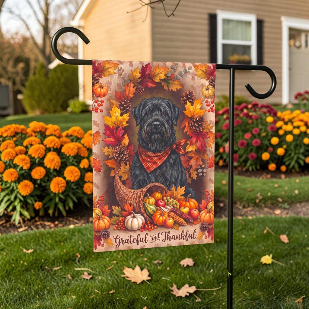 Grateful And Thankful Black Russian Terrier Thanksgiving Garden Flag