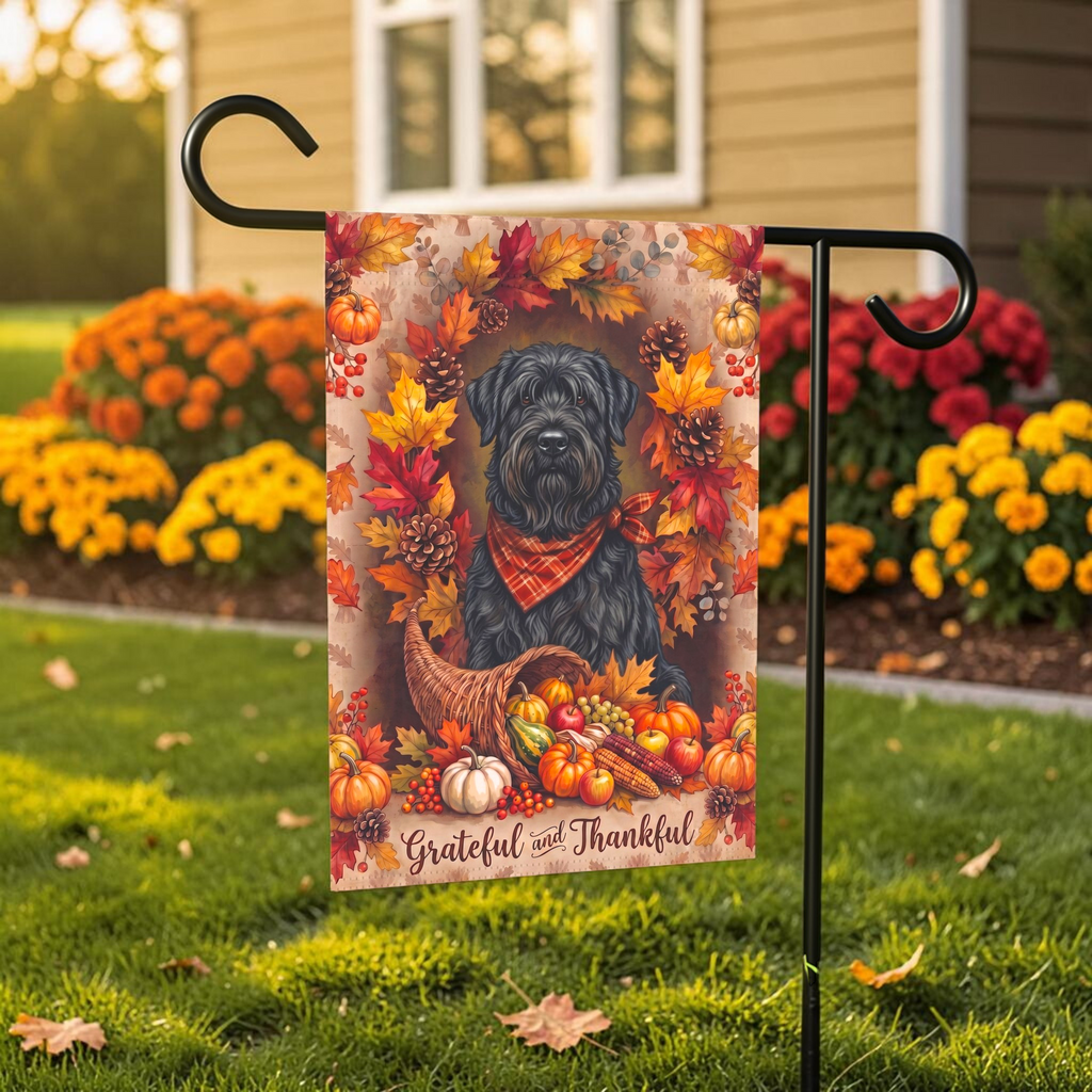 Grateful And Thankful Black Russian Terrier Thanksgiving Garden Flag