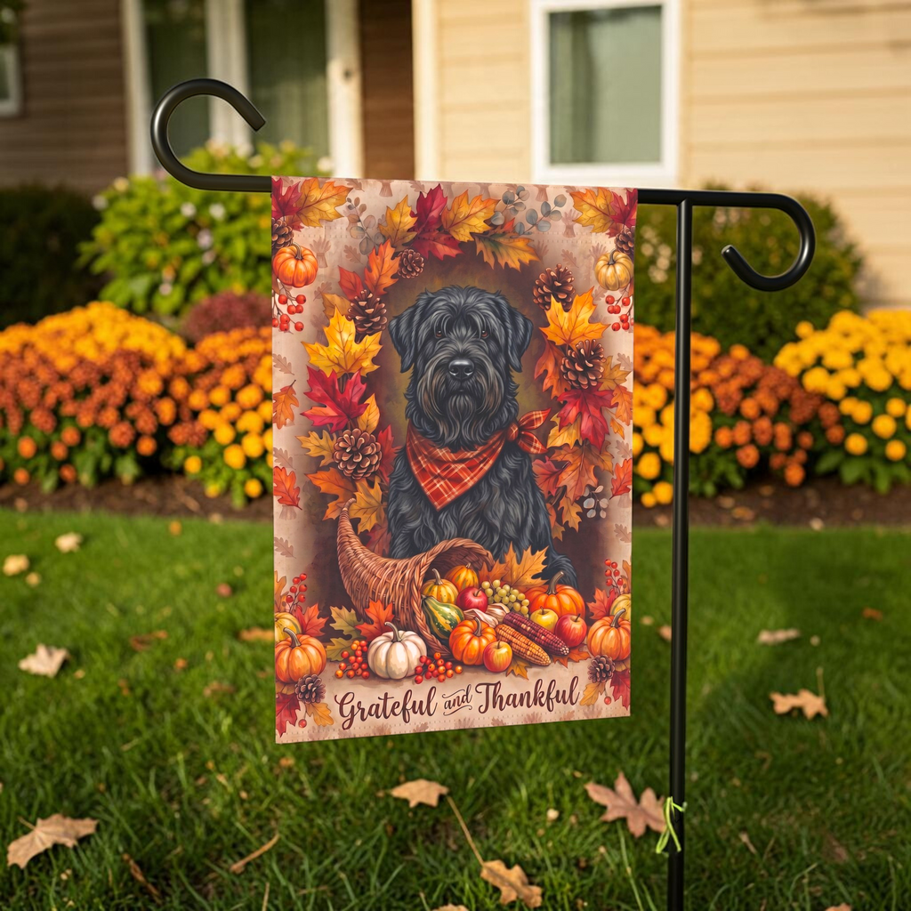 Grateful And Thankful Black Russian Terrier Thanksgiving Garden Flag