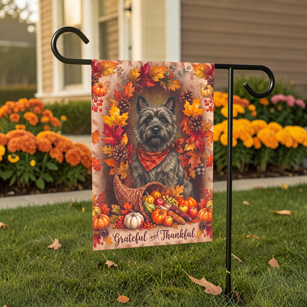 Grateful And Thankful Cairn Terrier Thanksgiving Garden Flag
