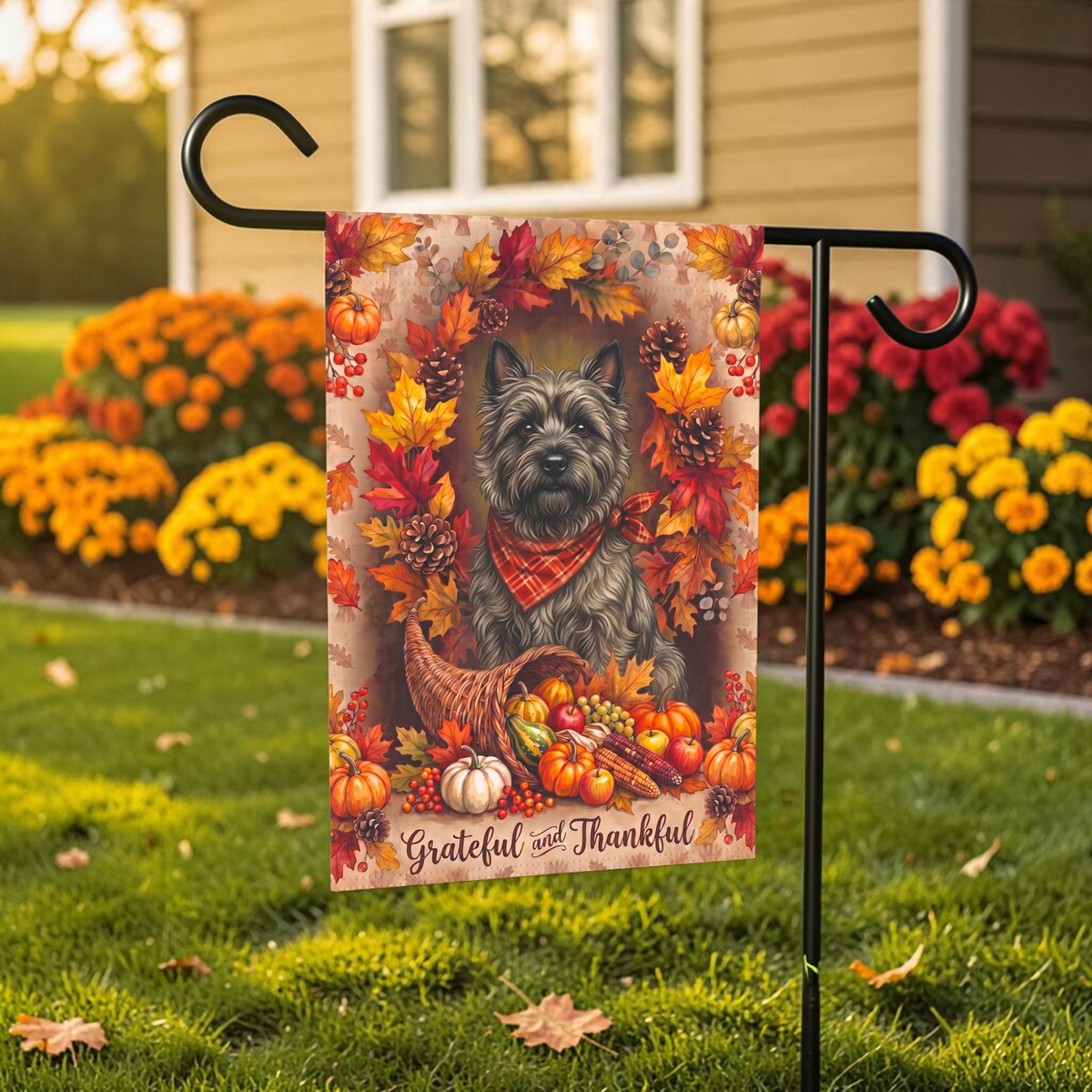 Grateful And Thankful Cairn Terrier Thanksgiving Garden Flag