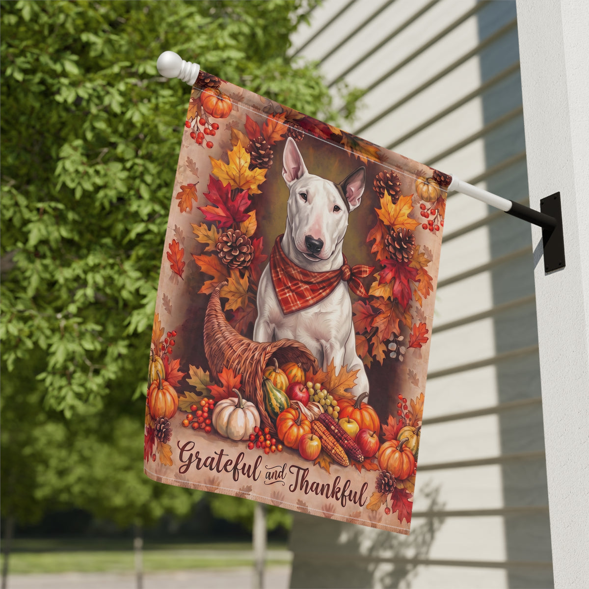 Grateful And Thankful Bull Terrier Thanksgiving Garden Flag