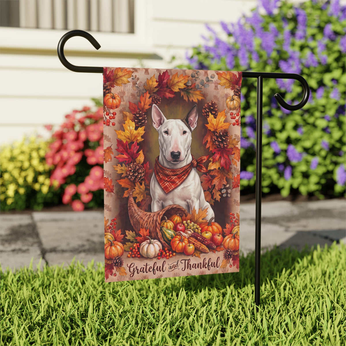 Grateful And Thankful Bull Terrier Thanksgiving Garden Flag