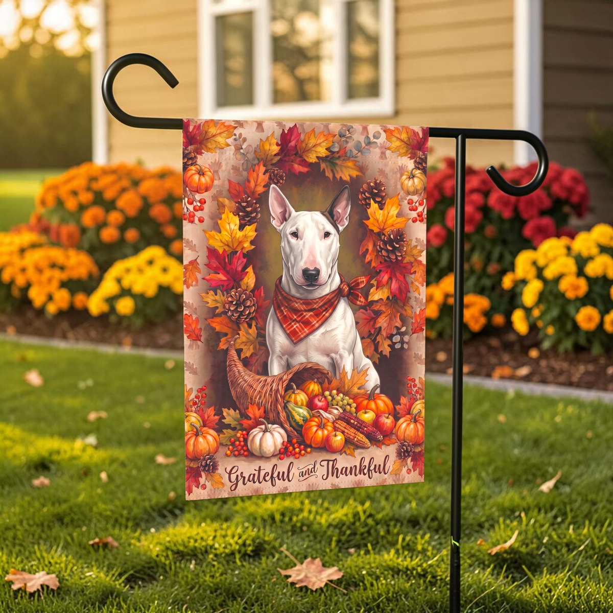 Grateful And Thankful Bull Terrier Thanksgiving Garden Flag