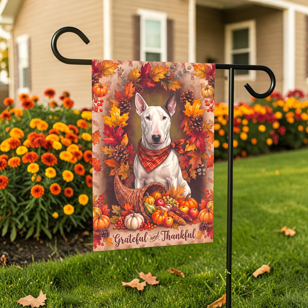 Grateful And Thankful Bull Terrier Thanksgiving Garden Flag