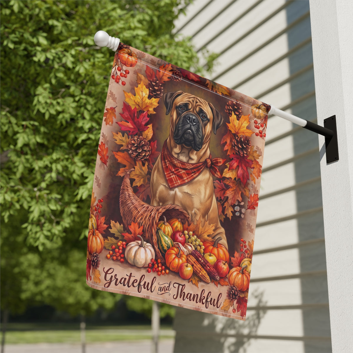 Grateful And Thankful Bull Mastiff Thanksgiving Garden Flag