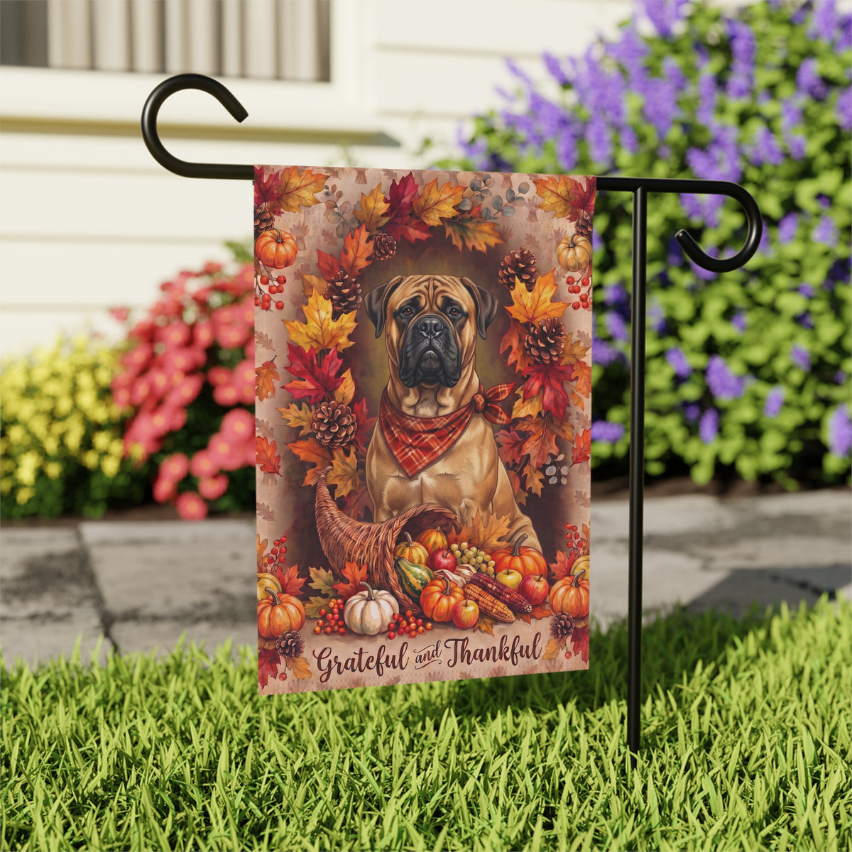 Grateful And Thankful Bull Mastiff Thanksgiving Garden Flag